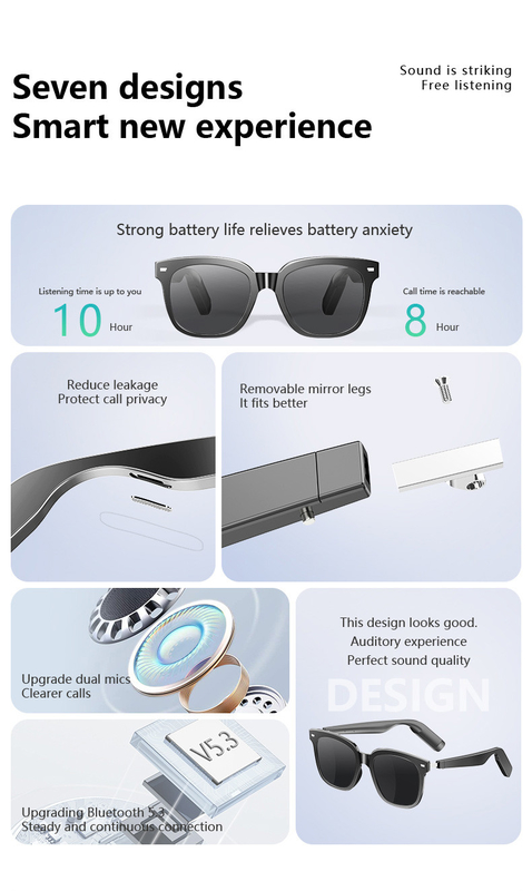 وقت الموسيقى 8 ساعات Ultralight BT 5.3 Bluetooth نظارات ذكية مع مكالمة 110mAh * 2 سعة